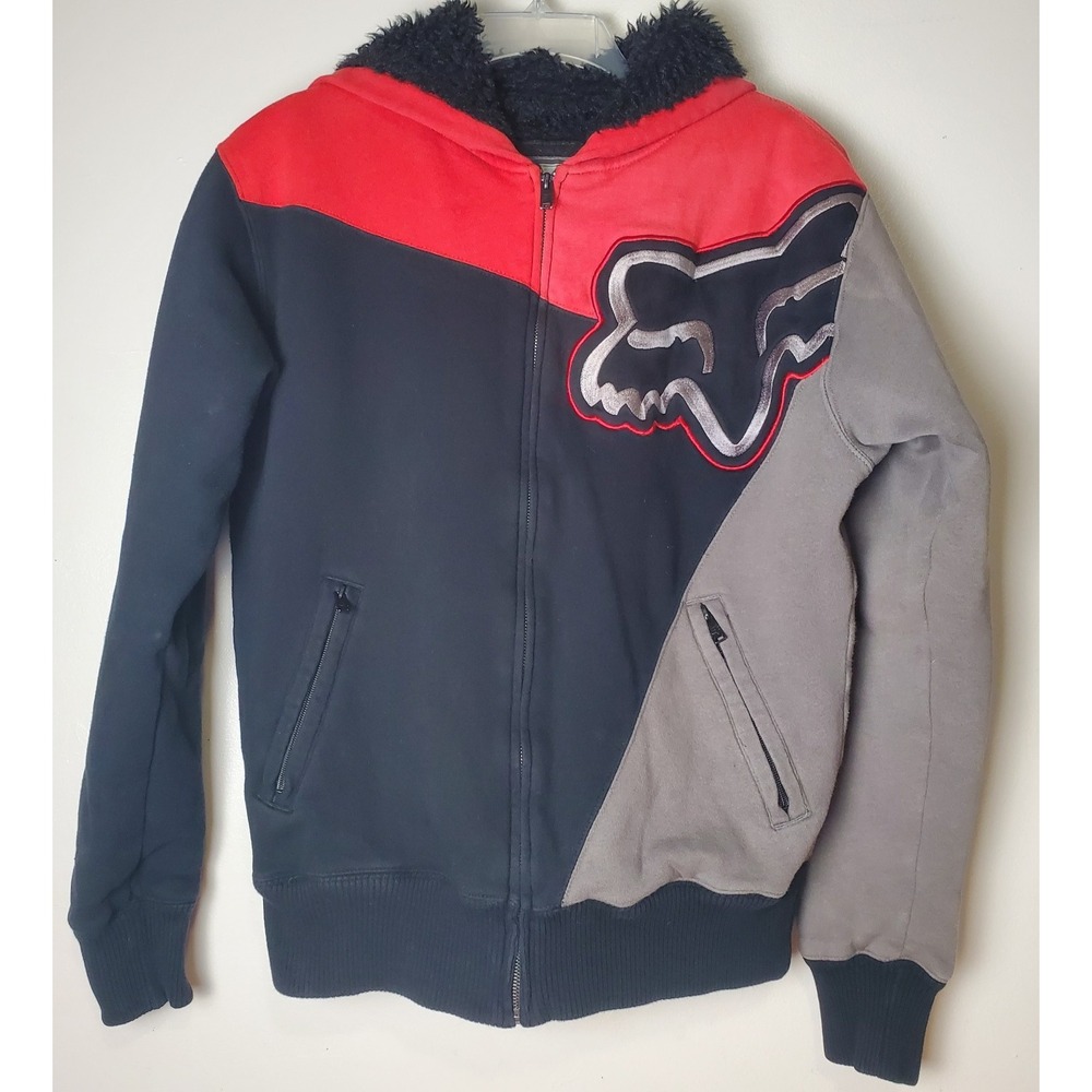 Vintage Y2K Fox Racing Sasquatch Zip‎ Fur Lined Hoodie Mens Small Black Gray Red